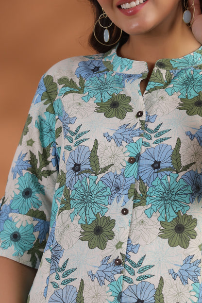 Blue-Green Floral Print A-Line Kurti