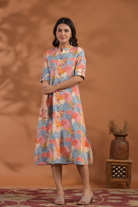 Blue-Peach Abstract Print A-Line Kurti