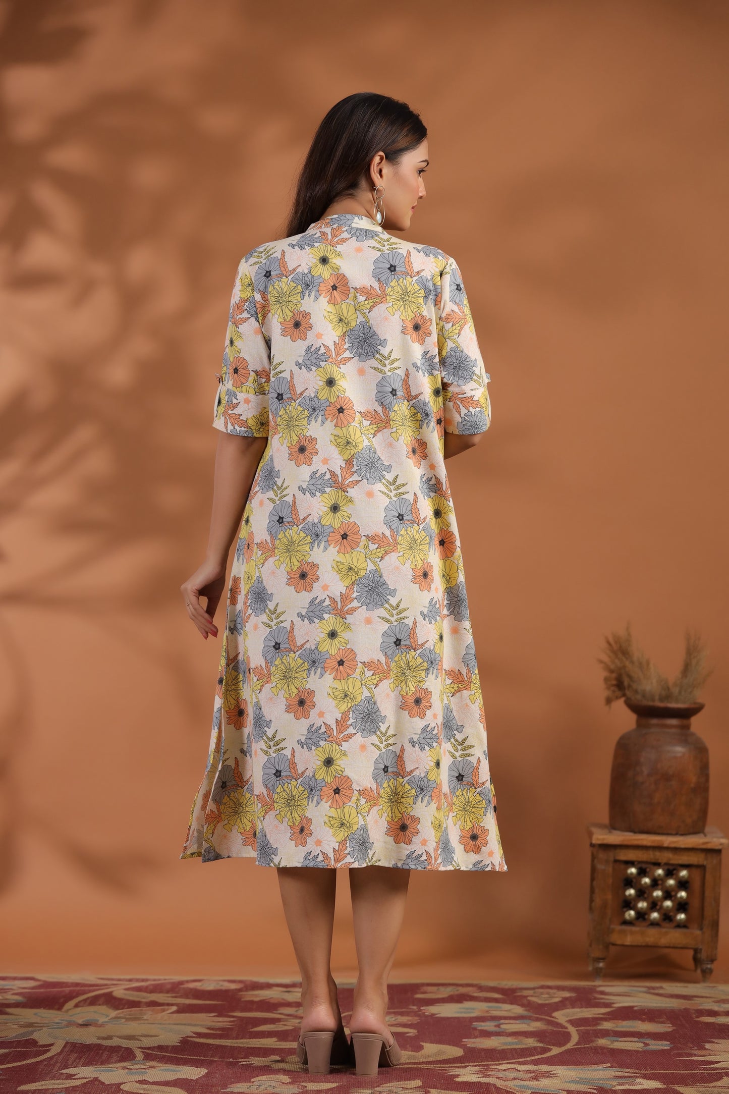 Off-White- Peach Floral Print A-Line Kurti