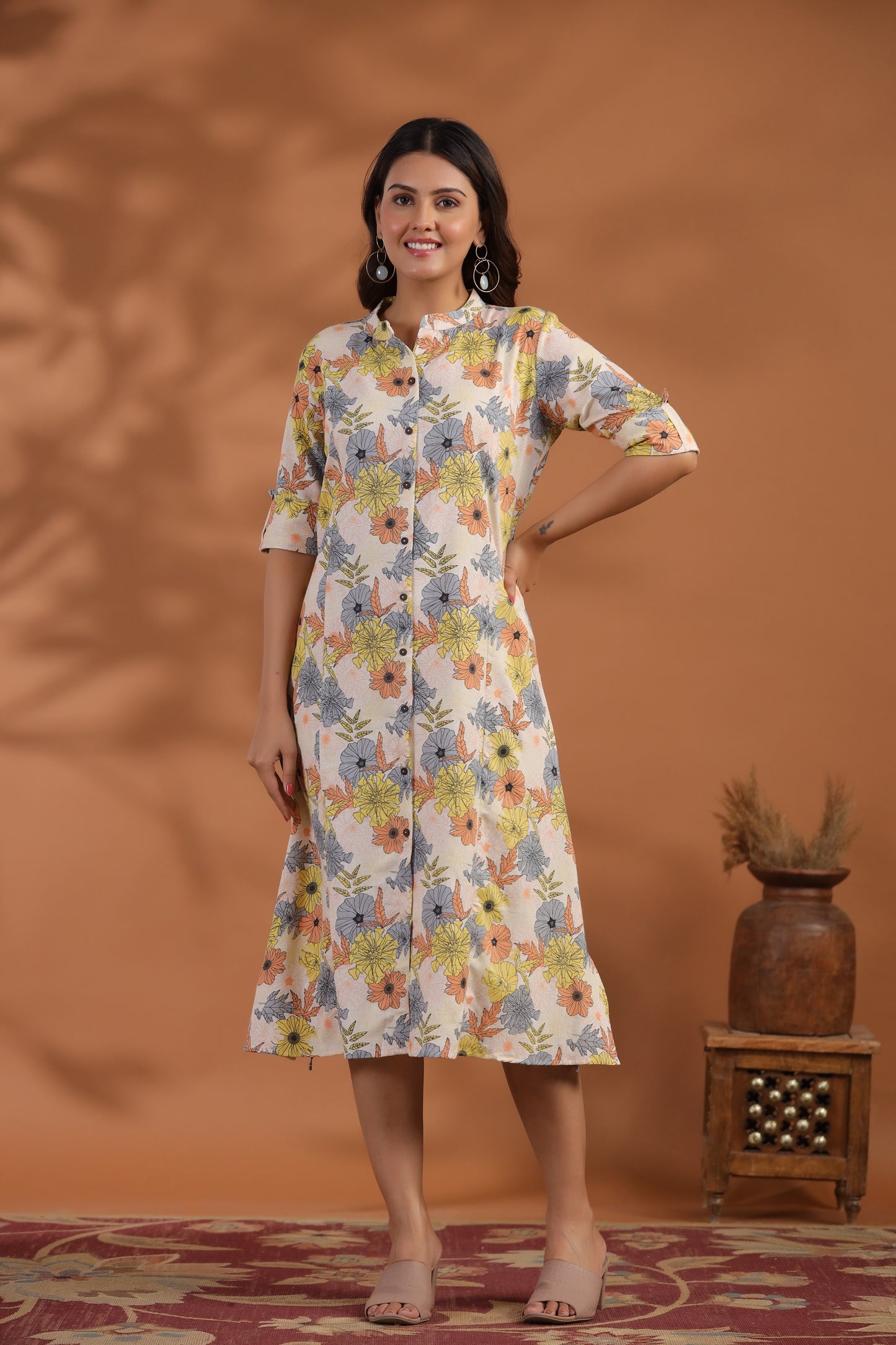 Off-White- Peach Floral Print A-Line Kurti