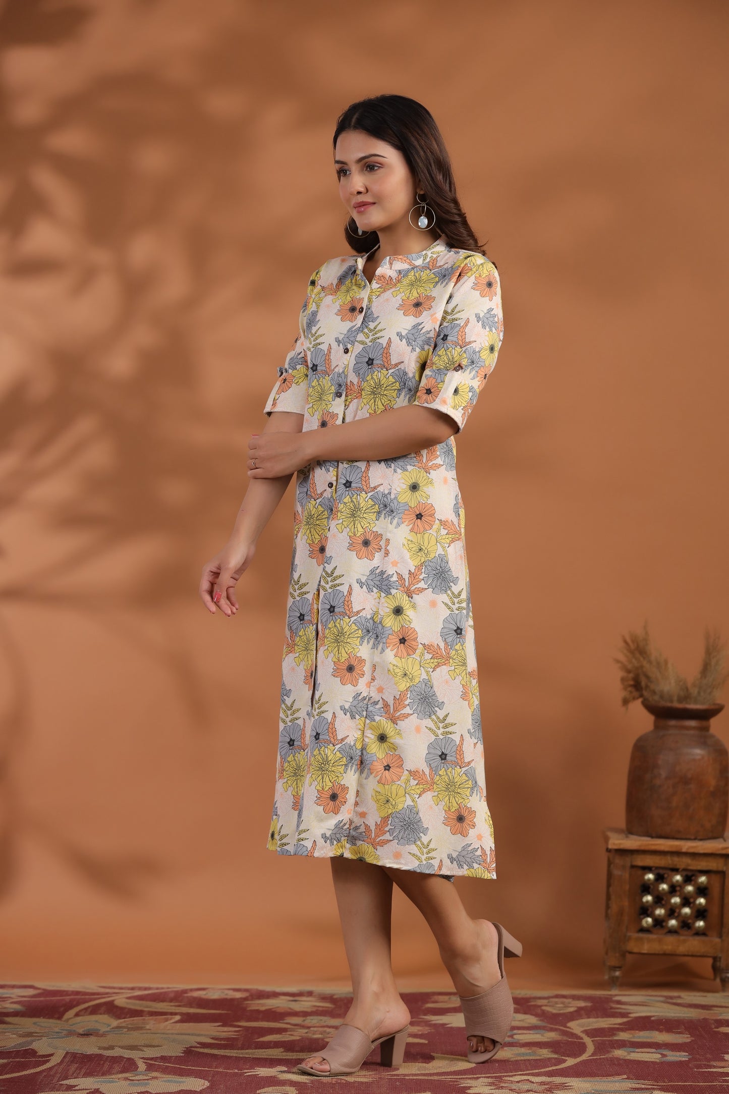 Off-White- Peach Floral Print A-Line Kurti