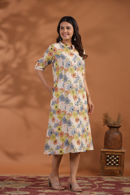Off-White- Peach Floral Print A-Line Kurti