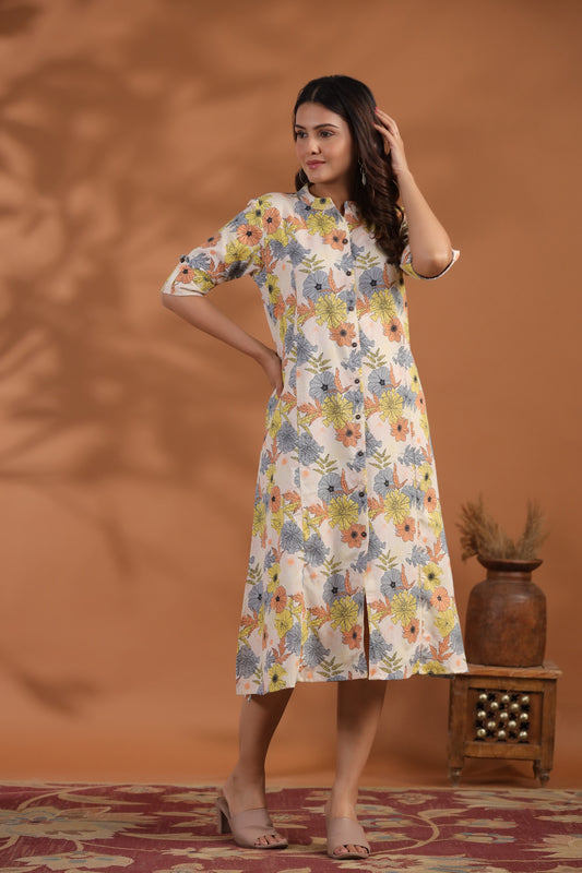 Off-White- Peach Floral Print A-Line Kurti
