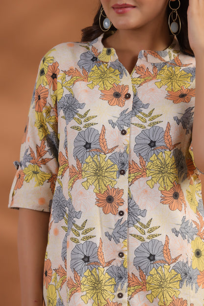 Off-White- Peach Floral Print A-Line Kurti