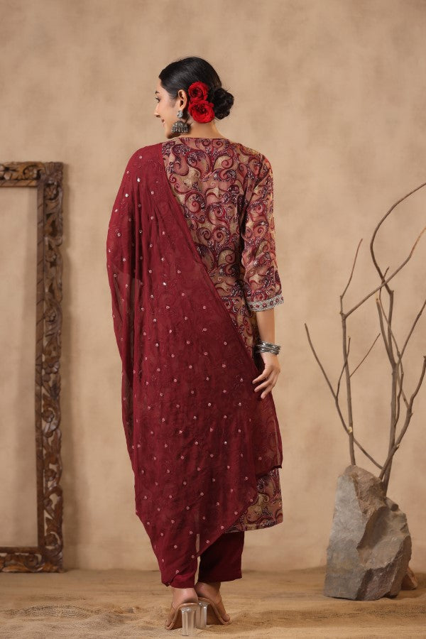 Maroon Embroidered and Handworked Straight-Cut Kurta Set