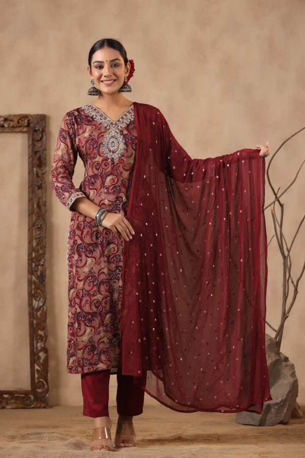Maroon Embroidered and Handworked Straight-Cut Kurta Set