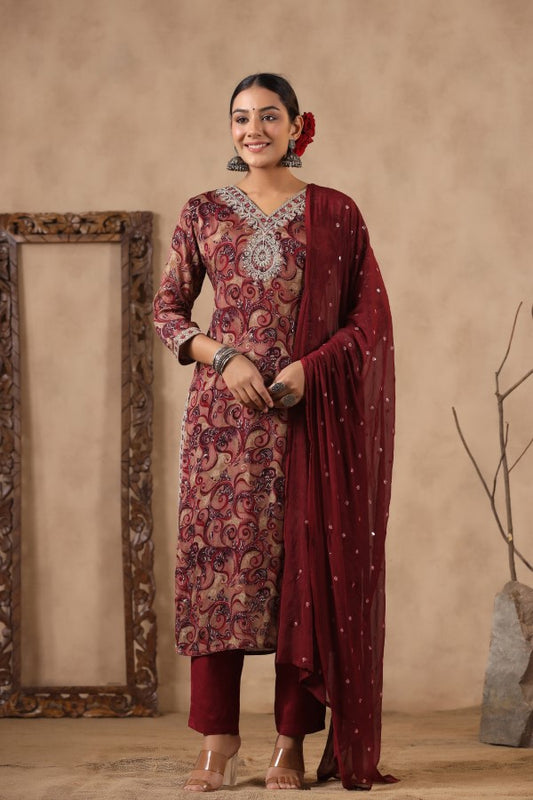 Maroon Embroidered and Handworked Straight-Cut Kurta Set