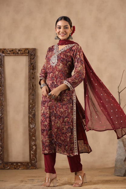 Maroon Embroidered and Handworked Straight-Cut Kurta Set