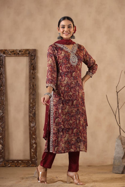 Maroon Embroidered and Handworked Straight-Cut Kurta Set
