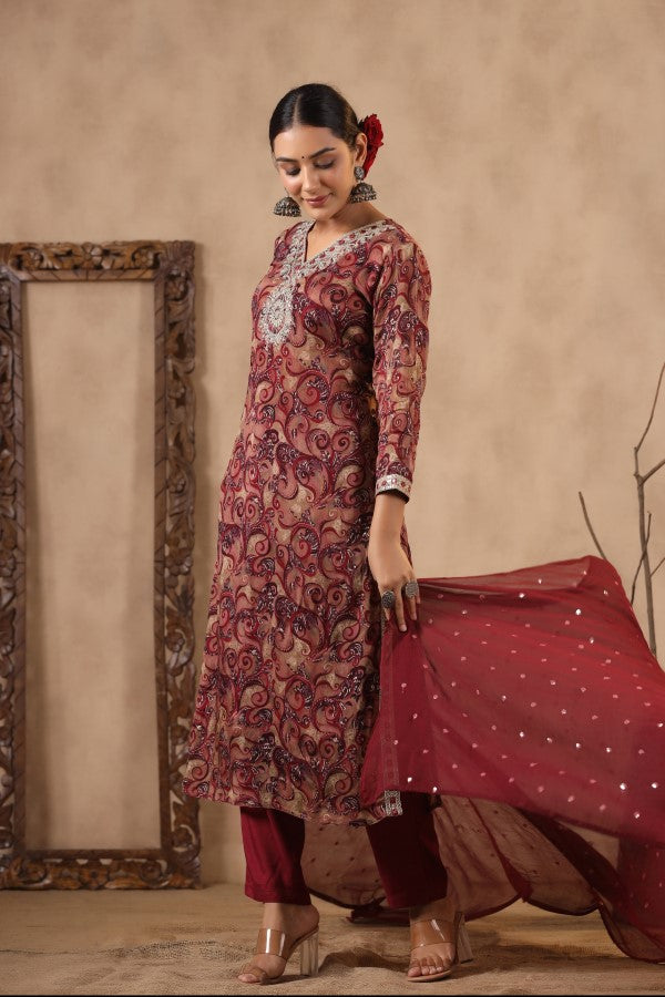 Maroon Embroidered and Handworked Straight-Cut Kurta Set