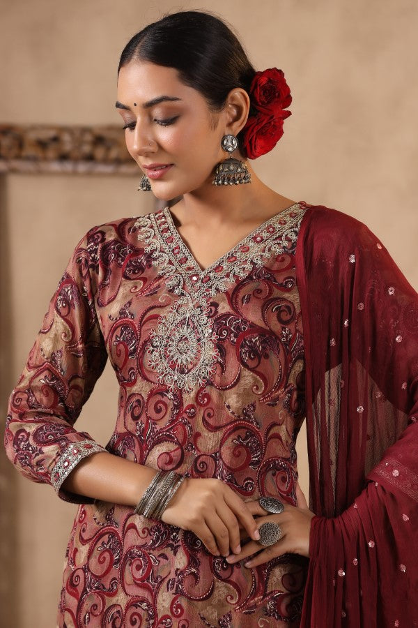 Maroon Embroidered and Handworked Straight-Cut Kurta Set