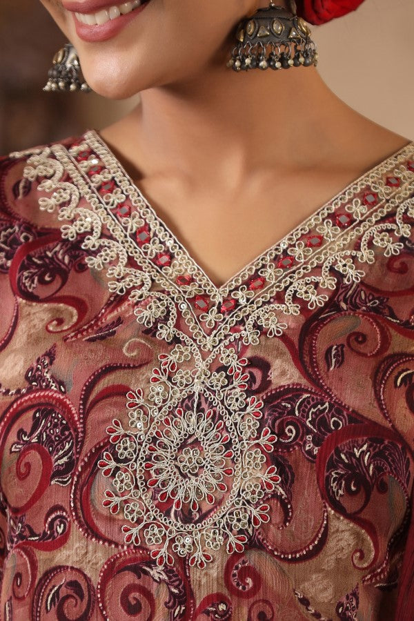 Maroon Embroidered and Handworked Straight-Cut Kurta Set