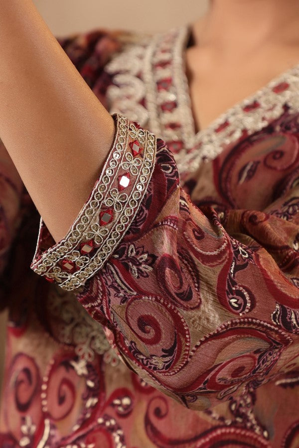 Maroon Embroidered and Handworked Straight-Cut Kurta Set