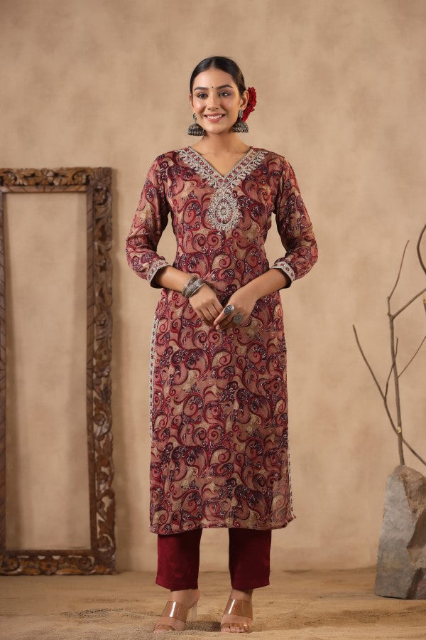 Maroon Embroidered and Handworked Straight-Cut Kurta Set