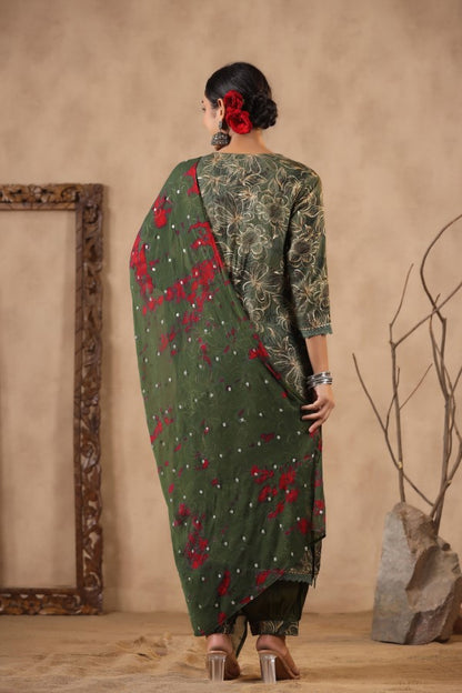 Green Floral Handworked Straight-Cut Kurta Set