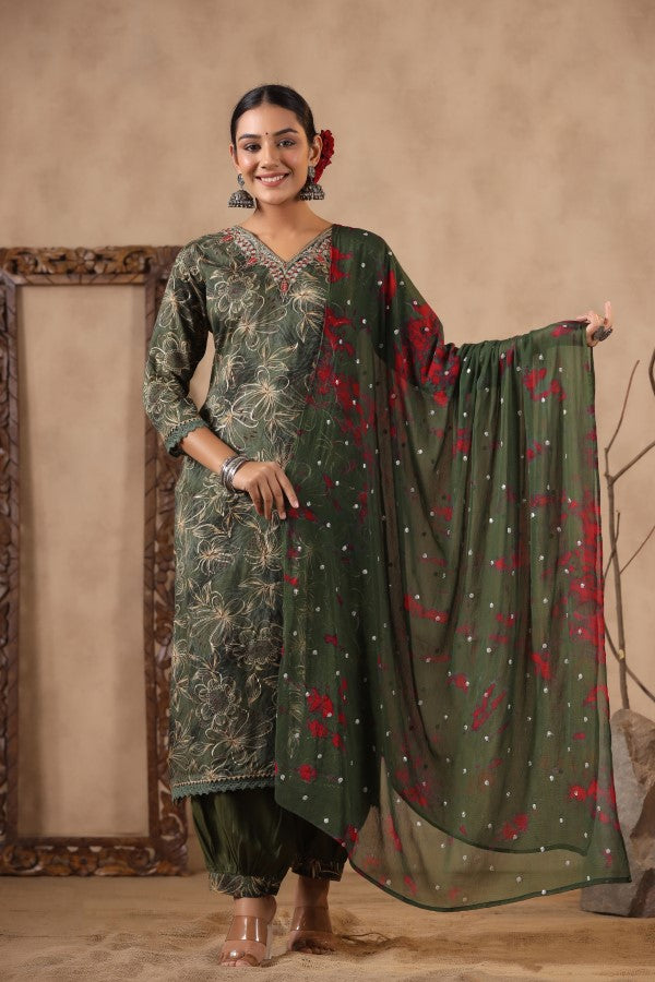 Green Floral Handworked Straight-Cut Kurta Set
