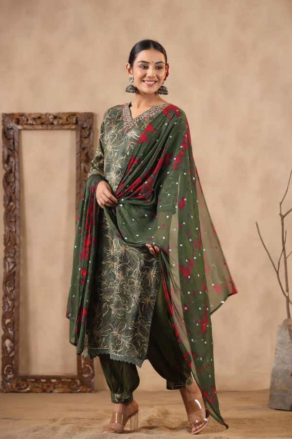 Green Floral Handworked Straight-Cut Kurta Set