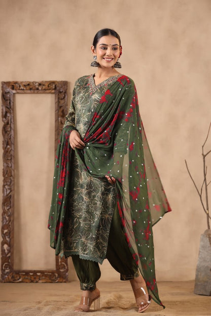 Green Floral Handworked Straight-Cut Kurta Set