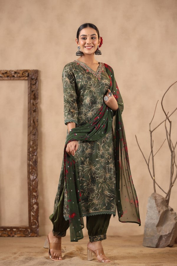 Green Floral Handworked Straight-Cut Kurta Set