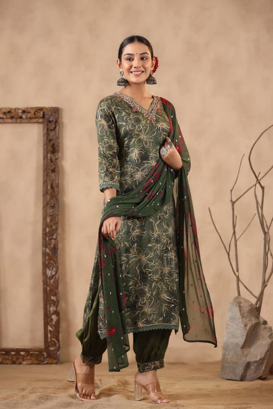 Green Floral Handworked Straight-Cut Kurta Set