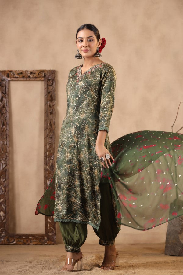 Green Floral Handworked Straight-Cut Kurta Set