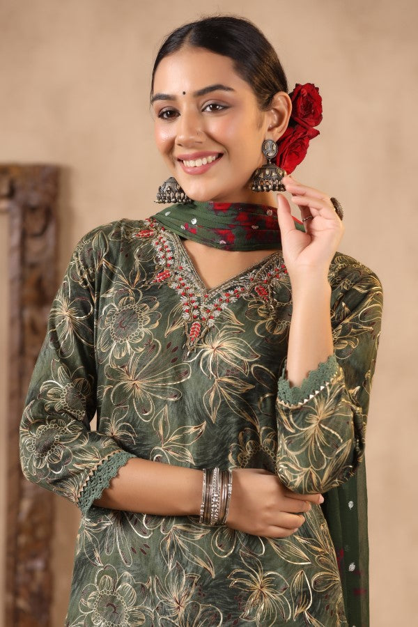 Green Floral Handworked Straight-Cut Kurta Set