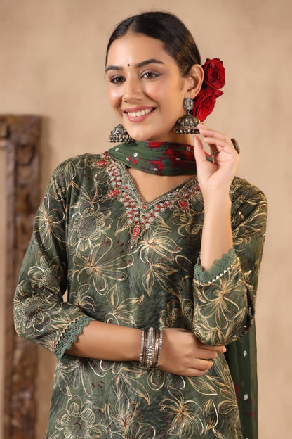 Green Floral Handworked Straight-Cut Kurta Set