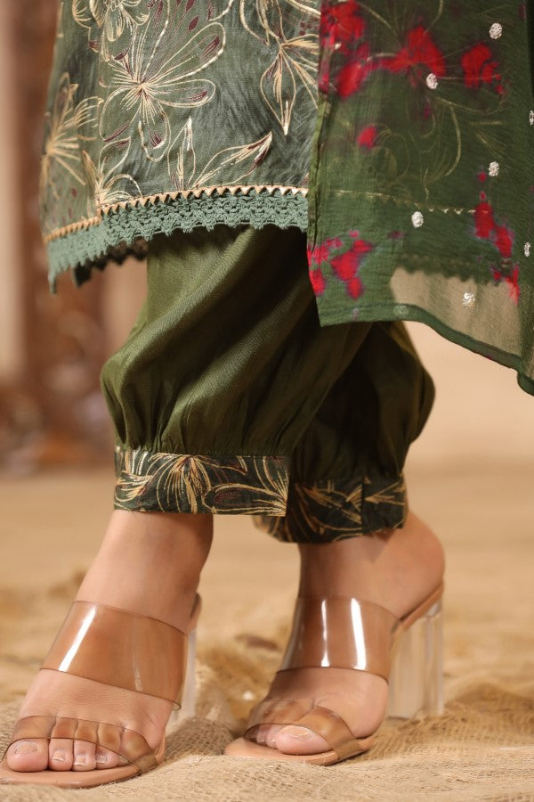 Green Floral Handworked Straight-Cut Kurta Set