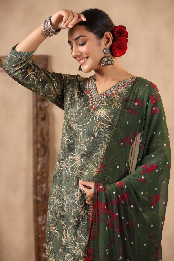 Green Floral Handworked Straight-Cut Kurta Set