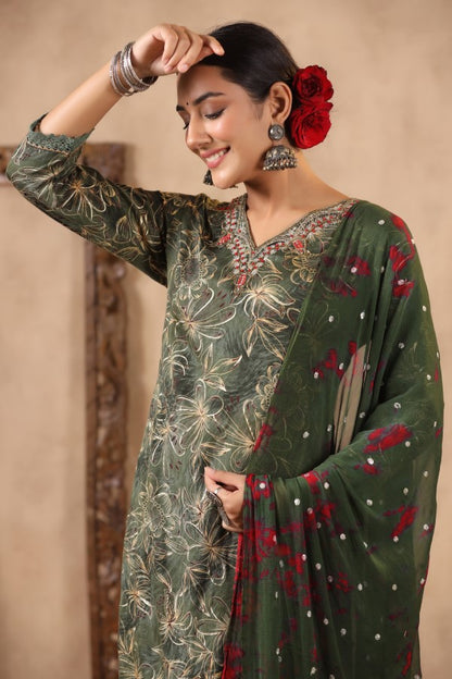 Green Floral Handworked Straight-Cut Kurta Set