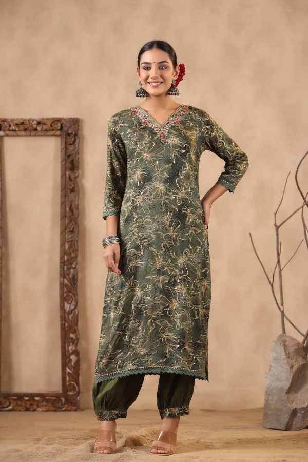 Green Floral Handworked Straight-Cut Kurta Set