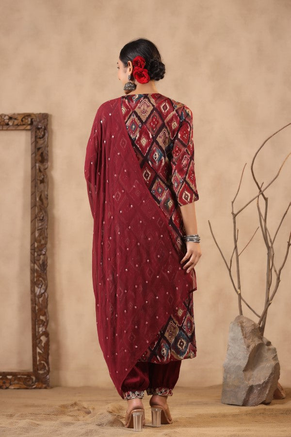 Maroon Floral Handworked Straight-Cut Kurta Set