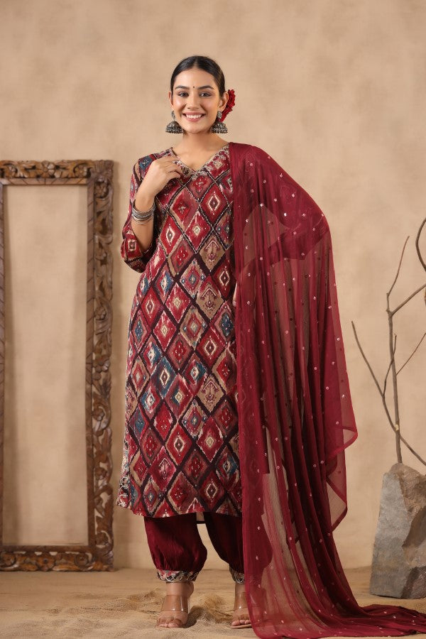 Maroon Floral Handworked Straight-Cut Kurta Set