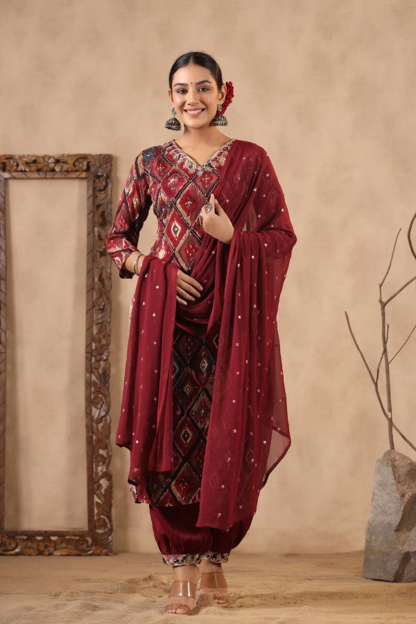 Maroon Floral Handworked Straight-Cut Kurta Set