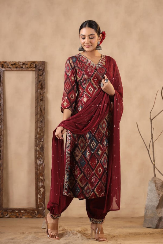 Maroon Floral Handworked Straight-Cut Kurta Set