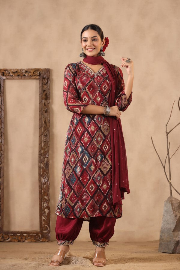 Maroon Floral Handworked Straight-Cut Kurta Set
