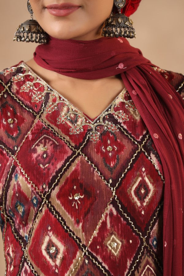 Maroon Floral Handworked Straight-Cut Kurta Set