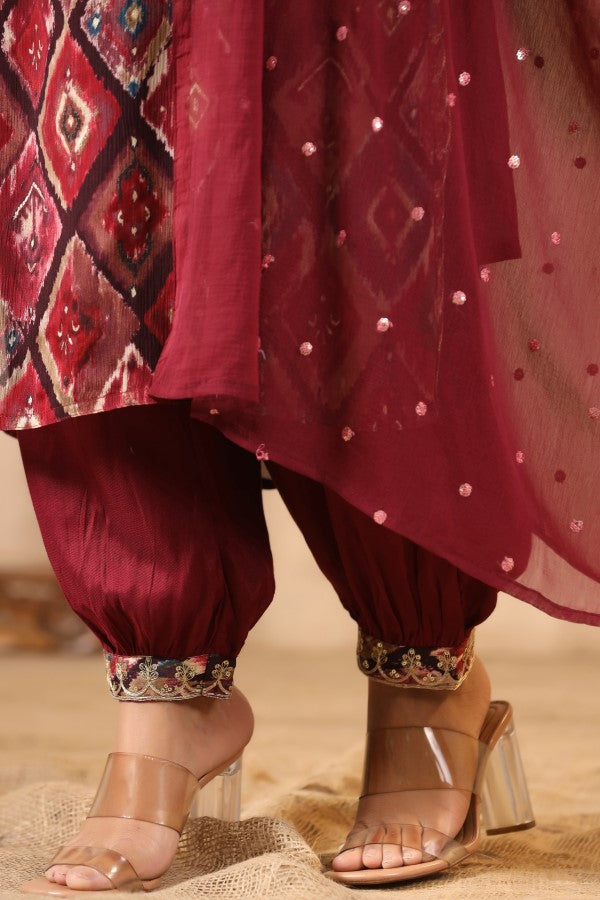 Maroon Floral Handworked Straight-Cut Kurta Set