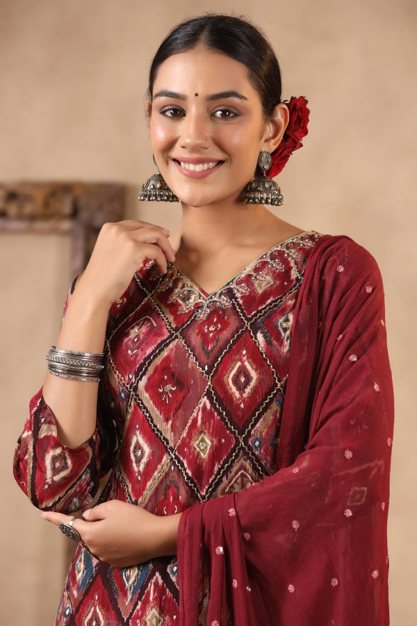 Maroon Floral Handworked Straight-Cut Kurta Set