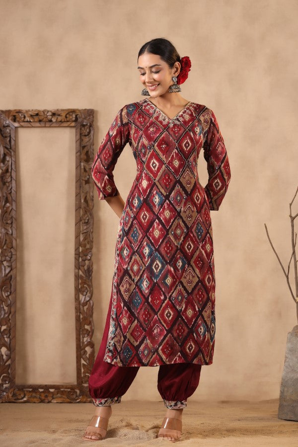 Maroon Floral Handworked Straight-Cut Kurta Set