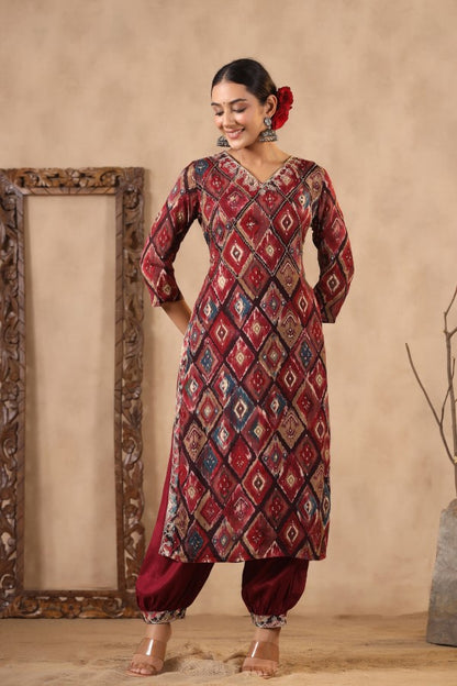 Maroon Floral Handworked Straight-Cut Kurta Set