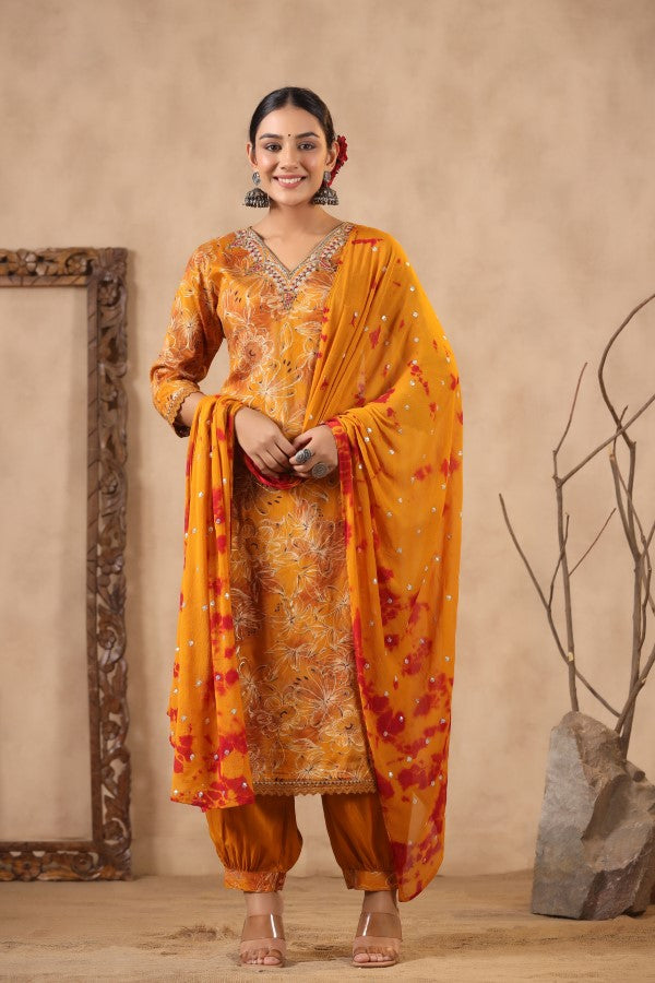 Yellow Floral Handworked Straight-Cut Kurta Set
