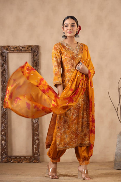 Yellow Floral Handworked Straight-Cut Kurta Set