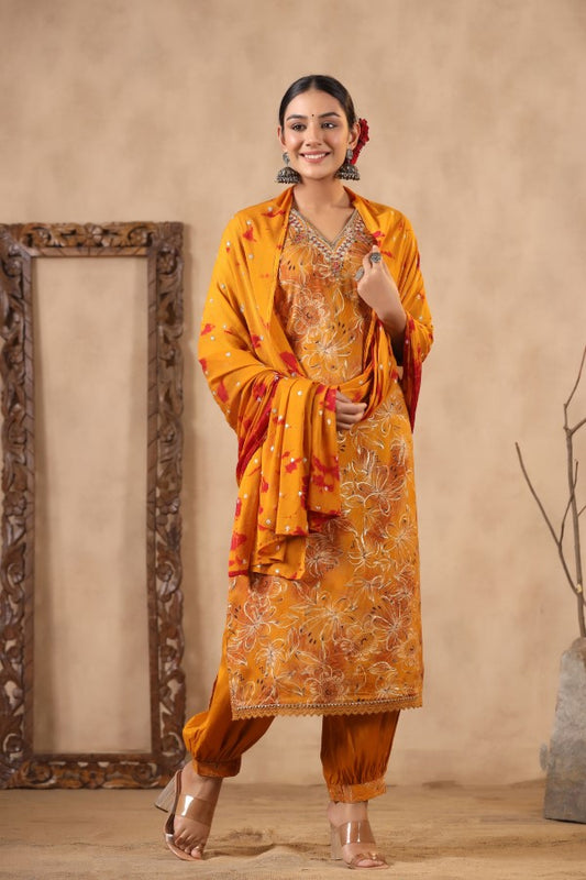 Yellow Floral Handworked Straight-Cut Kurta Set