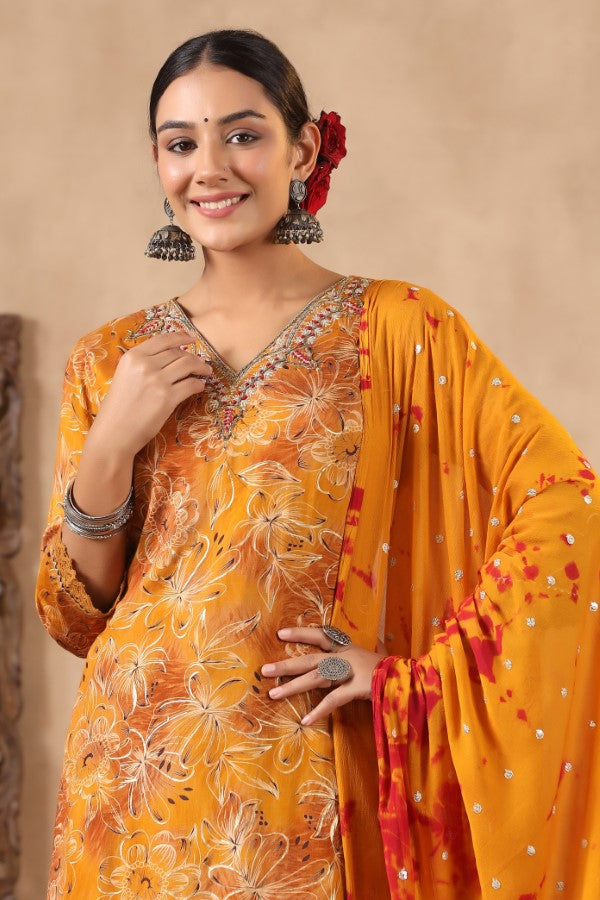 Yellow Floral Handworked Straight-Cut Kurta Set