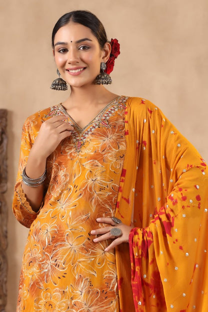 Yellow Floral Handworked Straight-Cut Kurta Set