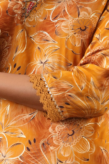 Yellow Floral Handworked Straight-Cut Kurta Set