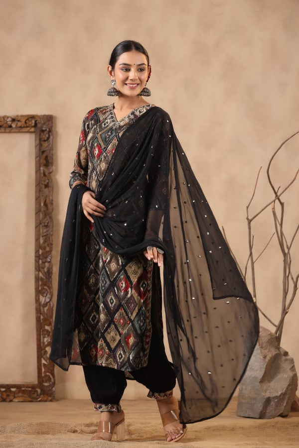 Black Floral Handworked Straight-Cut Kurta Set