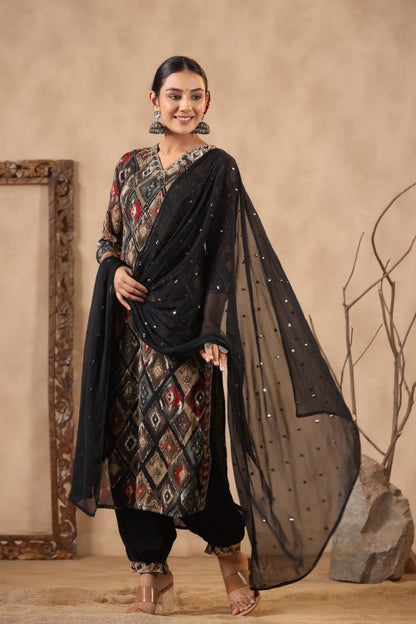 Black Floral Handworked Straight-Cut Kurta Set