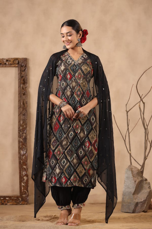 Black Floral Handworked Straight-Cut Kurta Set